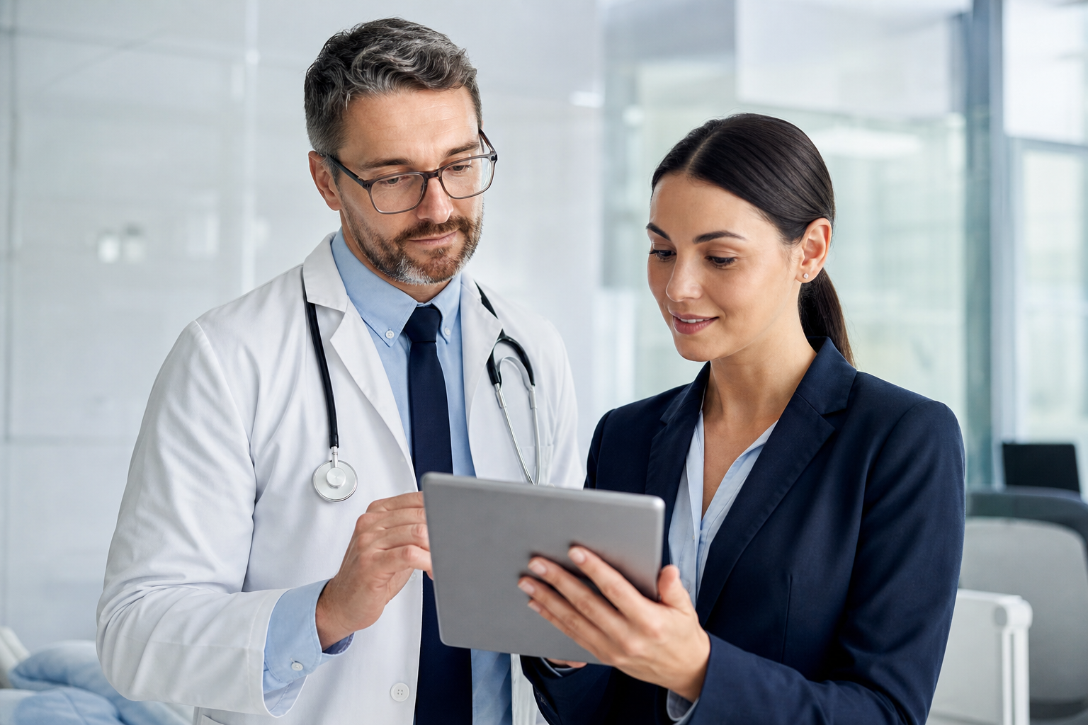 Healthcare team reviewing HIPAA-aligned patient portal on tablet